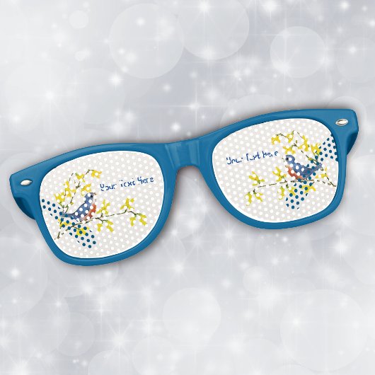 Schattigee kleine vogeltjes op tak met gele bloeme retro zonnebril