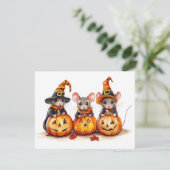 Schattigee kleine Waterverf Muizen Halloween Pompo Feestdagenkaart (Staand voorkant)