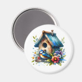 Schattigee Kleine Waterverf Vogelhuis en Vogel Magneet (Voorkant / Achterkant)
