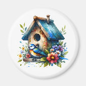 Schattigee Kleine Waterverf Vogelhuis en Vogel Magneet (Voorkant)