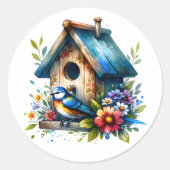 Schattigee Kleine Waterverf Vogelhuis en Vogel Ronde Sticker (Voorkant)