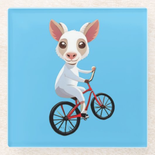 Schattigee kleine witte geit op een fiets glazen onderzetter (Voorkant)