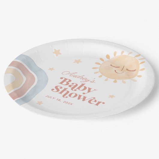 Schattigee Kleine Zon & Regenboog Boho Baby shower Papieren Bordje (Gekanteld)