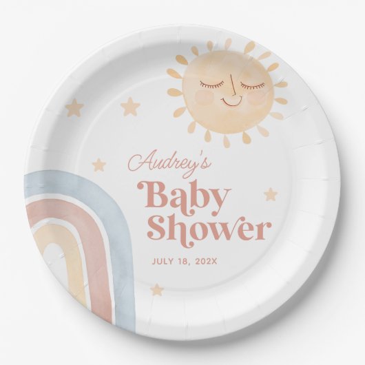 Schattigee Kleine Zon & Regenboog Boho Baby shower Papieren Bordje (Voorkant)