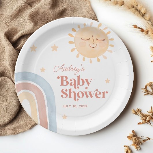 Schattigee Kleine Zon & Regenboog Boho Baby shower Papieren Bordje