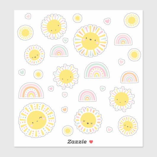 Schattigee kleine zonnen, regenbogen en harten sticker (Vel)