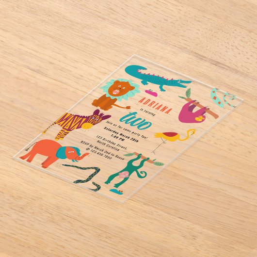 Schattigee Kleurrijke Abstracte Dieren Kinderen Ve Acryl Uitnodigingen (Laagn)