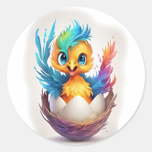 Schattigee kleurrijke Baby Phoenix Hatching Ronde Sticker (Voorkant)