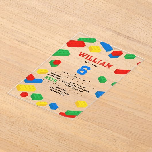 Schattigee Kleurrijke Bakstenen Bouwstenen Kindere Acryl Uitnodigingen (Laagn)