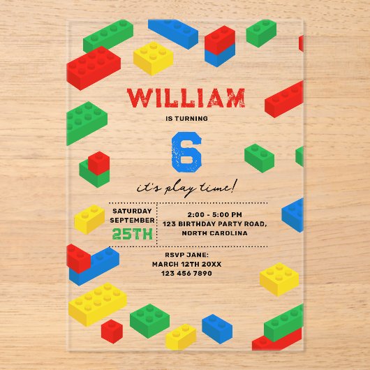 Schattigee Kleurrijke Bakstenen Bouwstenen Kindere Acryl Uitnodigingen (Voorkant)