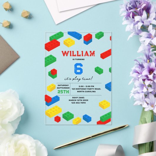 Schattigee Kleurrijke Bakstenen Bouwstenen Kindere Acryl Uitnodigingen (Insitu (Huwelijk))