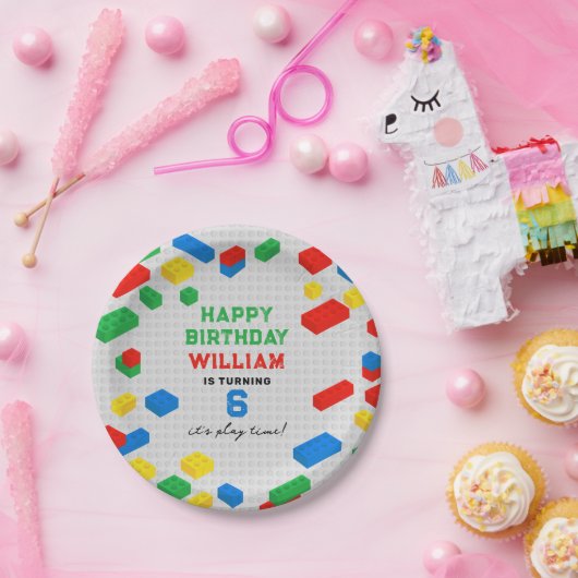 Schattigee Kleurrijke Bakstenen Bouwstenen Kindere Papieren Bordje (Feest)