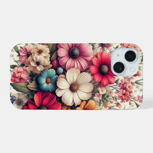 Schattigee kleurrijke  bloemcollage iPhone 15 case (Achterkant horizontaal)