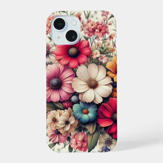 Schattigee kleurrijke  bloemcollage iPhone 15 case (Achterkant)