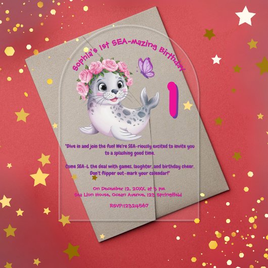 Schattigee Kleurrijke Bloemen Zee Lion Girly Kids  Acryl Uitnodigingen