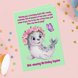 Schattigee Kleurrijke Bloemen Zee Lion Girly Kids  Kaart