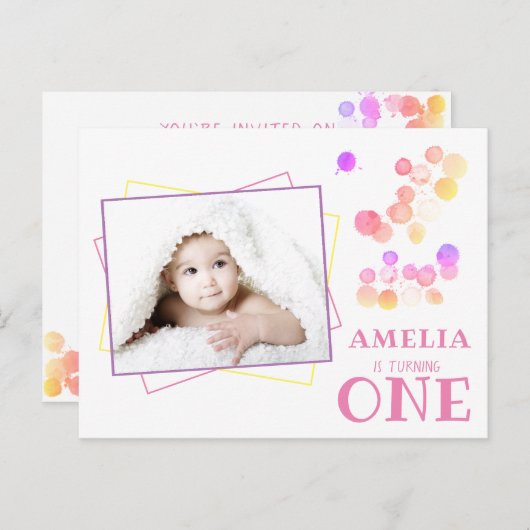 Schattigee Kleurrijke Blots 1e Verjaardag Foto Uitnodiging Briefkaart (Voorkant / Achterkant)