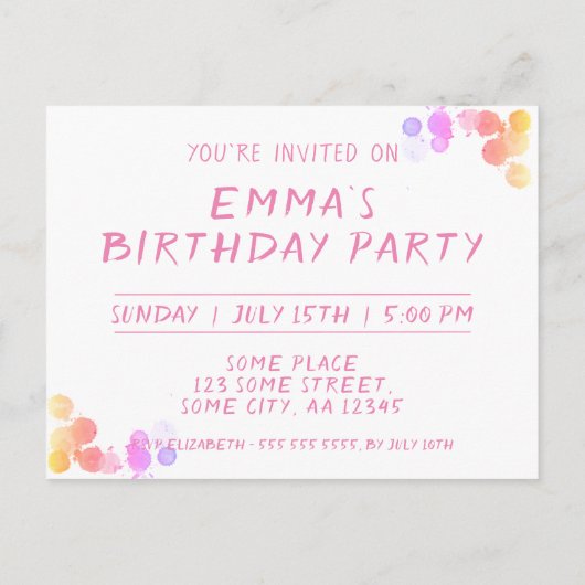 Schattigee Kleurrijke Blots 1e Verjaardag Foto Uitnodiging Briefkaart (Achterkant)