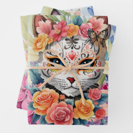 Schattigee kleurrijke Boho Floral Kittens Inpakpapier Vel