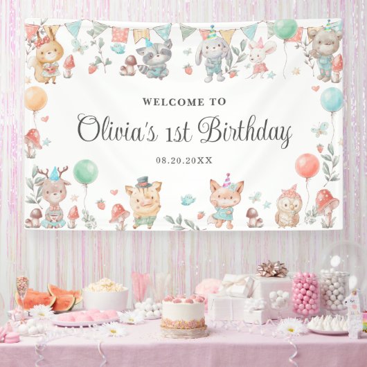 Schattigee kleurrijke bosdieren verjaardagsachterg spandoek (Feest)