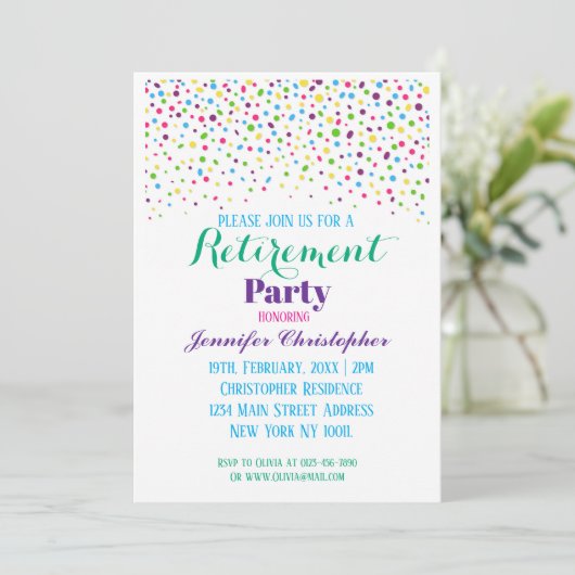 Schattigee Kleurrijke Confetti Script pensionering Kaart (Staand voorkant)