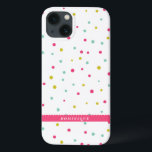 Schattigee Kleurrijke Confetti Stippen Patroon Gep iPhone 13 Hoesje<br><div class="desc">Kleurrijk en modern iPad mini-hoesje met hot pink,  blauw en donkergeel polka dots patroon met hot pink scallop-edge label. Dit gepersonaliseerde hoesje is ideaal als verjaardagscadeau.</div>