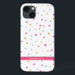 Schattigee Kleurrijke Confetti Stippen Patroon Gep iPhone 13 Hoesje<br><div class="desc">Kleurrijk en modern iPad mini-hoesje met hot pink,  blauw en donkergeel polka dots patroon met hot pink scallop-edge label. Dit gepersonaliseerde hoesje is ideaal als verjaardagscadeau.</div>