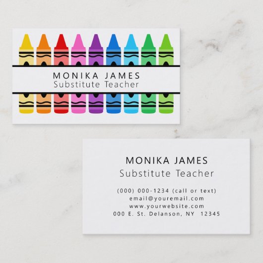 Schattigee Kleurrijke Crayon Substituut Teacher Visitekaartje (Voorkant / Achterkant)