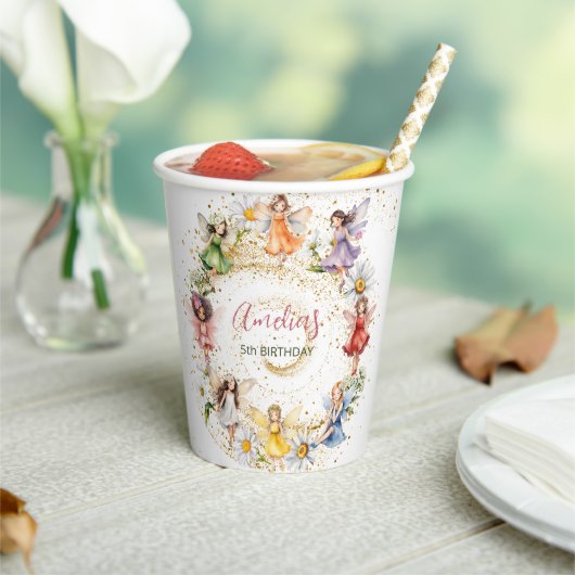 Schattigee kleurrijke Dancing Floral Fairies Goude Papieren Bekers (Insitu)