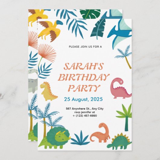Schattigee kleurrijke dinosaurus verjaardagsuitnod kaart (Voorkant / Achterkant)