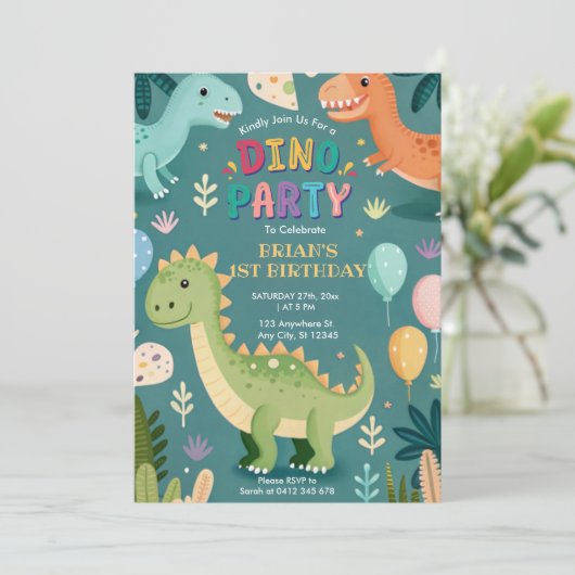 Schattigee kleurrijke dinosaurussen eerste verjaar kaart (Staand voorkant)