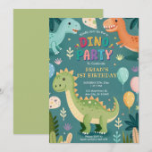 Schattigee kleurrijke dinosaurussen eerste verjaar kaart (Voorkant / Achterkant)