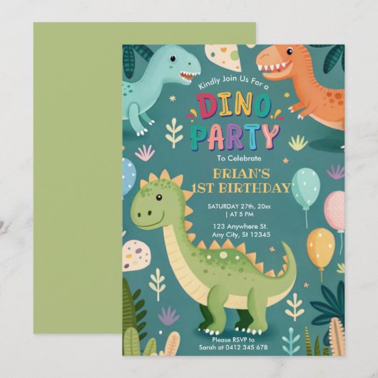 Schattigee kleurrijke dinosaurussen eerste verjaar kaart (Voorkant / Achterkant)