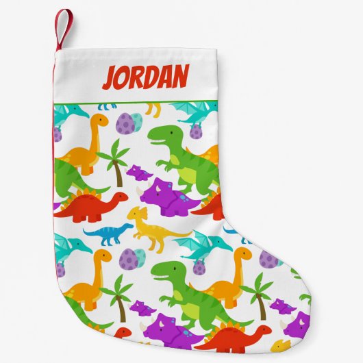 Schattigee kleurrijke dinosaurussen groen rood kleine kerstsok (Voorkant)