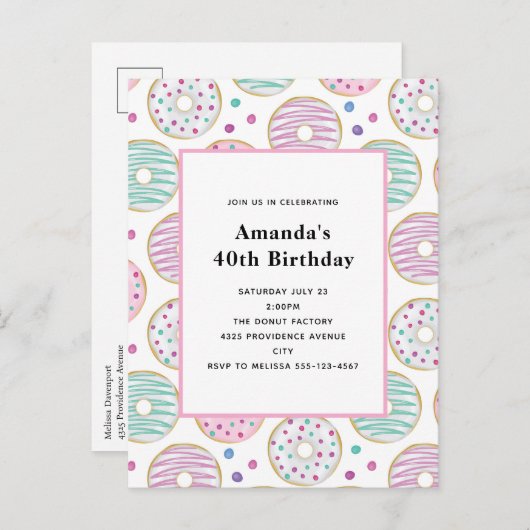 Schattigee kleurrijke donut patroon verjaardag uitnodiging briefkaart (Voorkant / Achterkant)