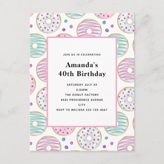 Schattigee kleurrijke donut patroon verjaardag uitnodiging briefkaart (Voorkant)