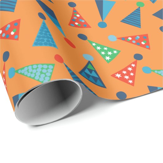 Schattigee kleurrijke feestmutsen op Sinaasappel Cadeaupapier (Rol Hoek)