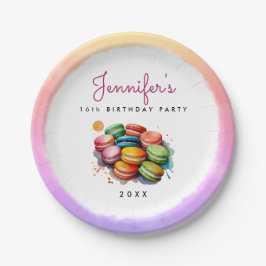 Schattigee kleurrijke Franse Macaron Cookies Water Papieren Bordje