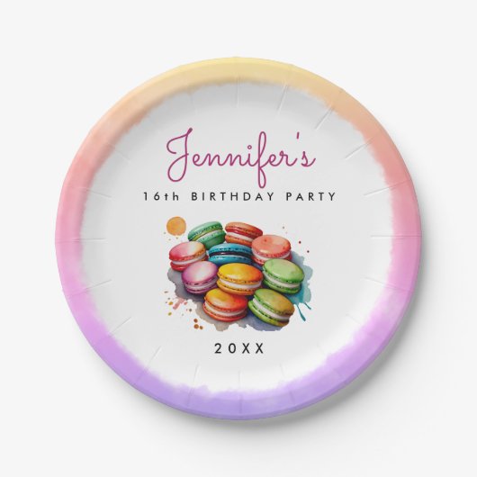 Schattigee kleurrijke Franse Macaron Cookies Water Papieren Bordje (Voorkant)