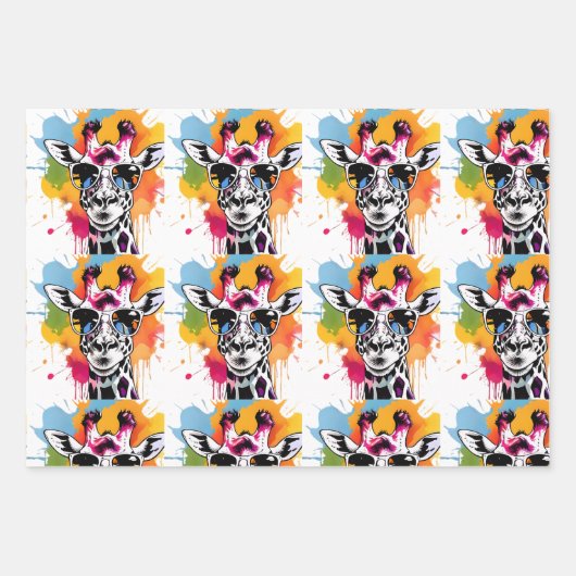 Schattigee kleurrijke Giraffa met zonnebril splash Inpakpapier Vel (Voorkant 2)