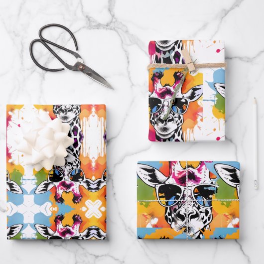 Schattigee kleurrijke Giraffa met zonnebril splash Inpakpapier Vel (Voorkant)