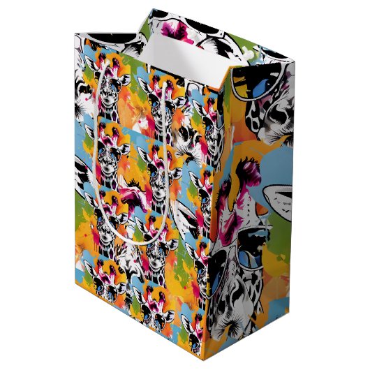 Schattigee kleurrijke Giraffa met zonnebril splash Medium Cadeauzakje (Achterkant Gekanteld)