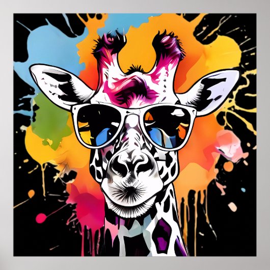 Schattigee kleurrijke Giraffa met zonnebril splash Poster (Voorkant)