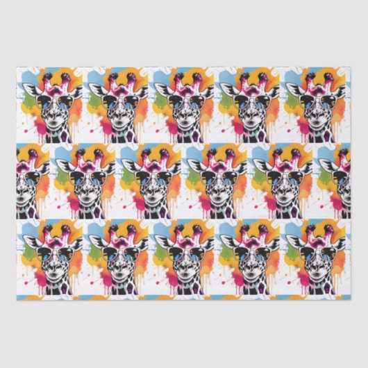 Schattigee kleurrijke Giraffa met zonnebril splash Tissuepapier (Voorkant)