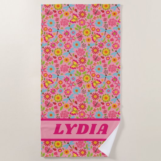 Schattigee kleurrijke Girly Monogram Voornaam Kind Strandlaken (Voorkant)