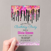 Schattigee kleurrijke glitter druppels verjaardag  acryl uitnodigingen (Insitu (Draagbaar))