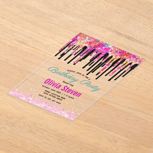Schattigee kleurrijke glitter druppels verjaardag  acryl uitnodigingen (Laagn)