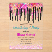 Schattigee kleurrijke glitter druppels verjaardag  acryl uitnodigingen (Voorkant)