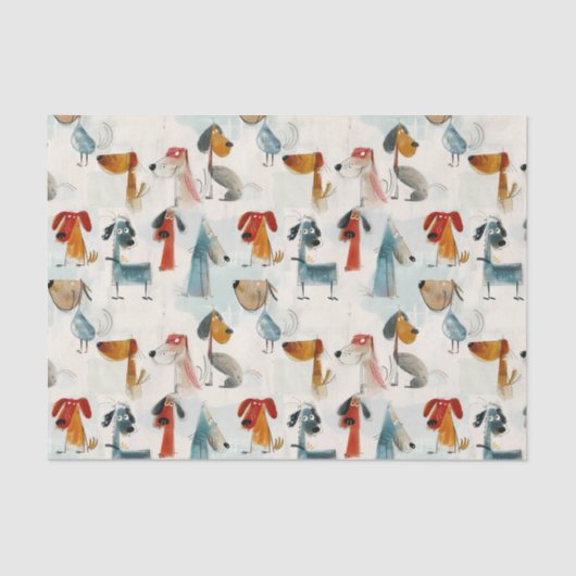 Schattigee kleurrijke grillige honden in pastelkri tissuepapier (Voorkant)