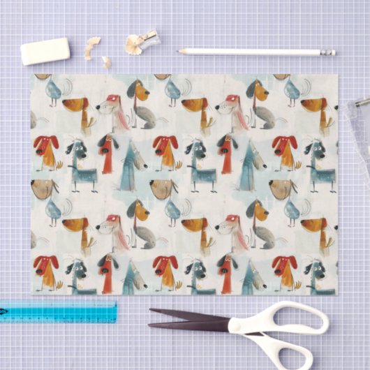 Schattigee kleurrijke grillige honden in pastelkri tissuepapier (Craft)